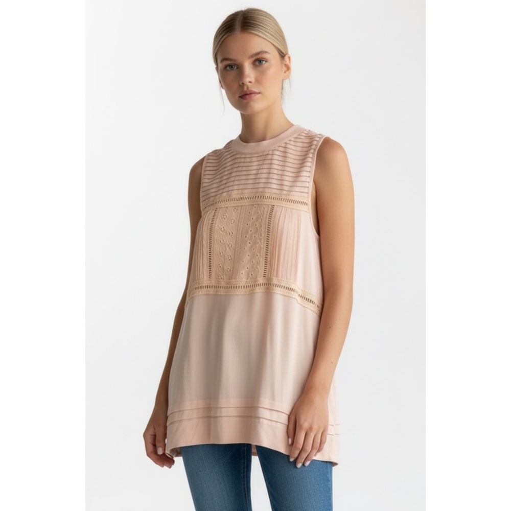 POL Peach Lace Trim Sleeveless Boho Top | Crew Neck  Relaxed Fit Blouse - Picture 2 of 7